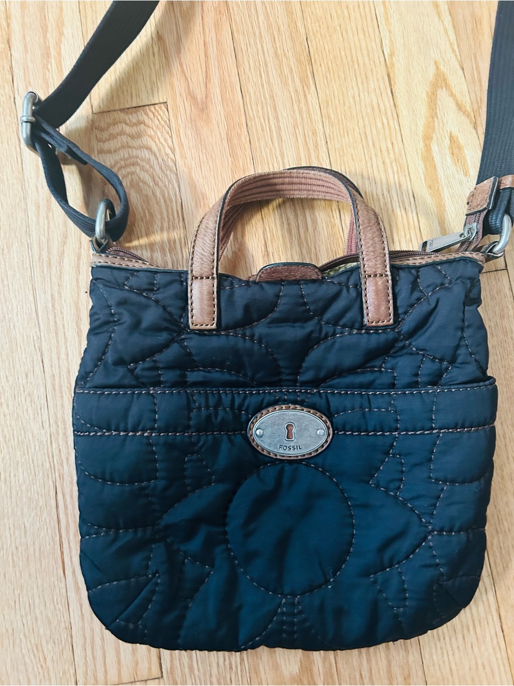 Fossil Black Quilted Crossbody bag with Brown Leather Trim